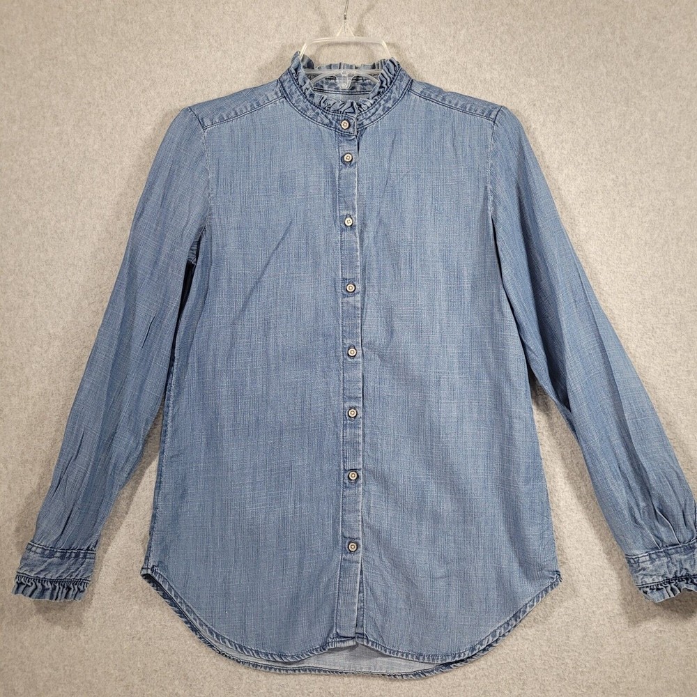LOFT Outlet Lounge Chambray Top XS Blue Ruffle Cuff Neck Long Sleeve